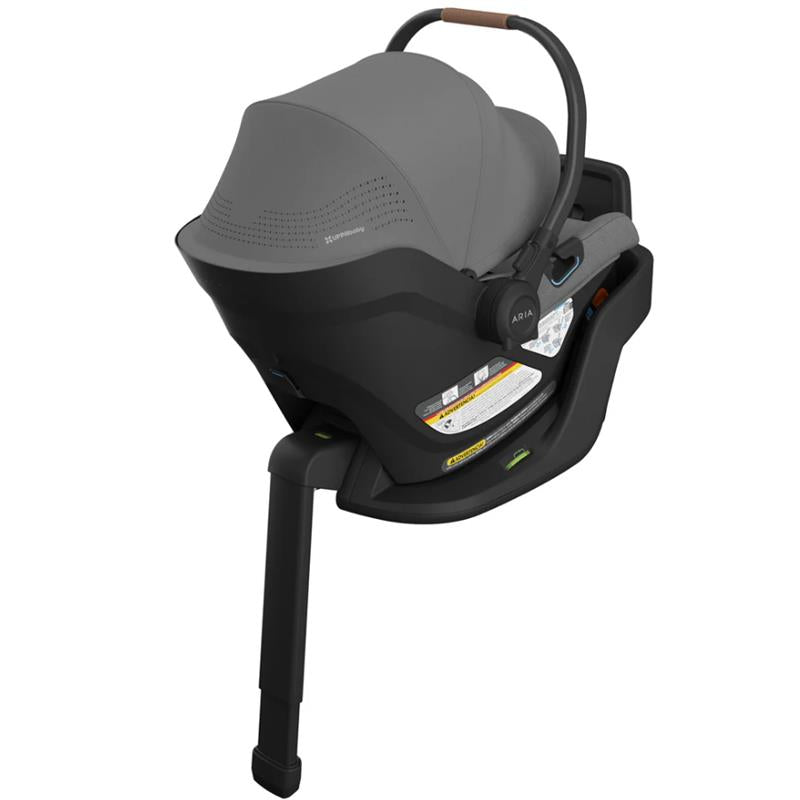 Lightweight Uppababy Aria V2 infant car seat in charcoal melange with safety features and removable base.