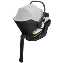Lightweight Uppababy Aria V2 infant car seat in Savannah (Pearl Gray Melange) with a black base and adjustable handle.