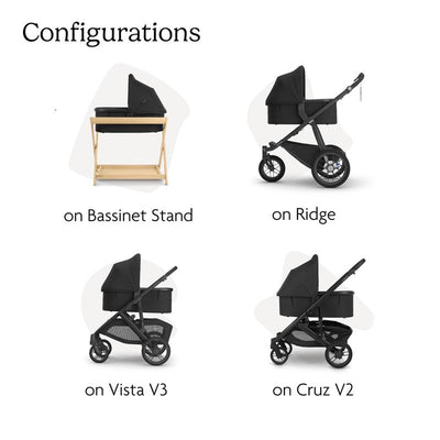 Configurations of the UPPAbaby Bassinet V3 shown on four strollers: Bassinet Stand, Ridge, Vista V3, and Cruz V2.