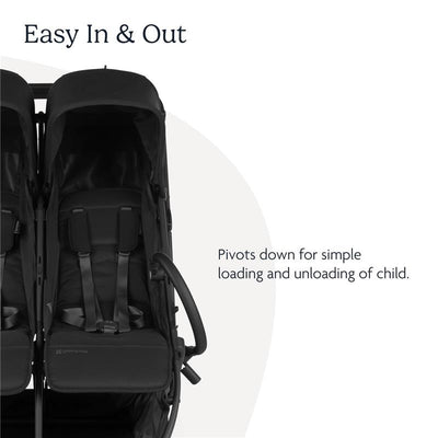 Bumper bar for Uppababy Minu Duo stroller in black, designed to pivot down for easy child access.