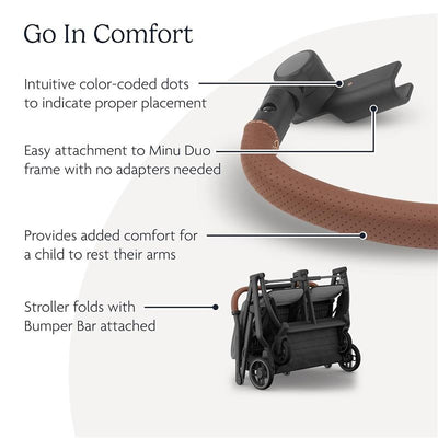 Bumper Bar for Uppababy Minu Duo in Saddle color, featuring color-coded attachment points and a folded stroller.