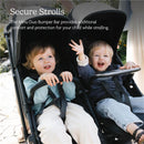 UPPAbaby Minu Duo Stroller bumper bar in chestnut, with two children seated and smiling, providing safety and comfort while strolling.