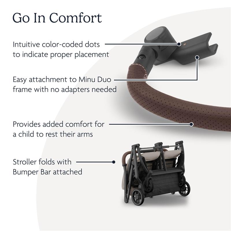 Bumper bar for UPPAbaby Minu Duo stroller in chestnut color, featuring details on easy attachment and child comfort.