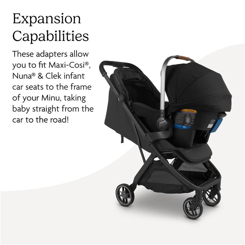 Car seat adapters for Uppababy Minu V3 stroller, enabling compatibility with Maxi-Cosi®, Nuna®, and Clek infant car seats.