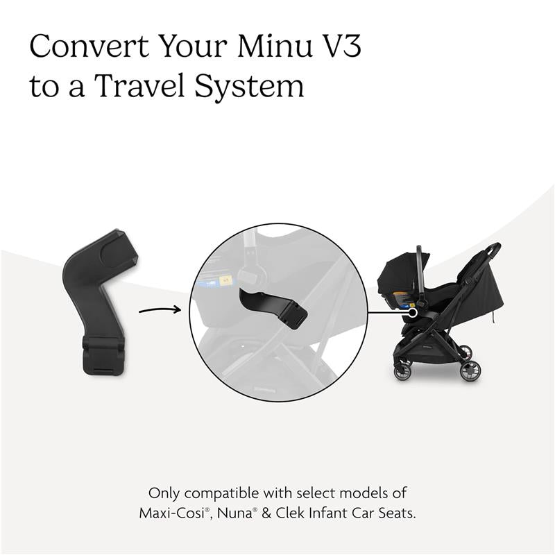 Car seat adapter for Uppababy Minu V3, illustrating compatibility with select infant car seats, including Maxi-Cosi and Nuna.