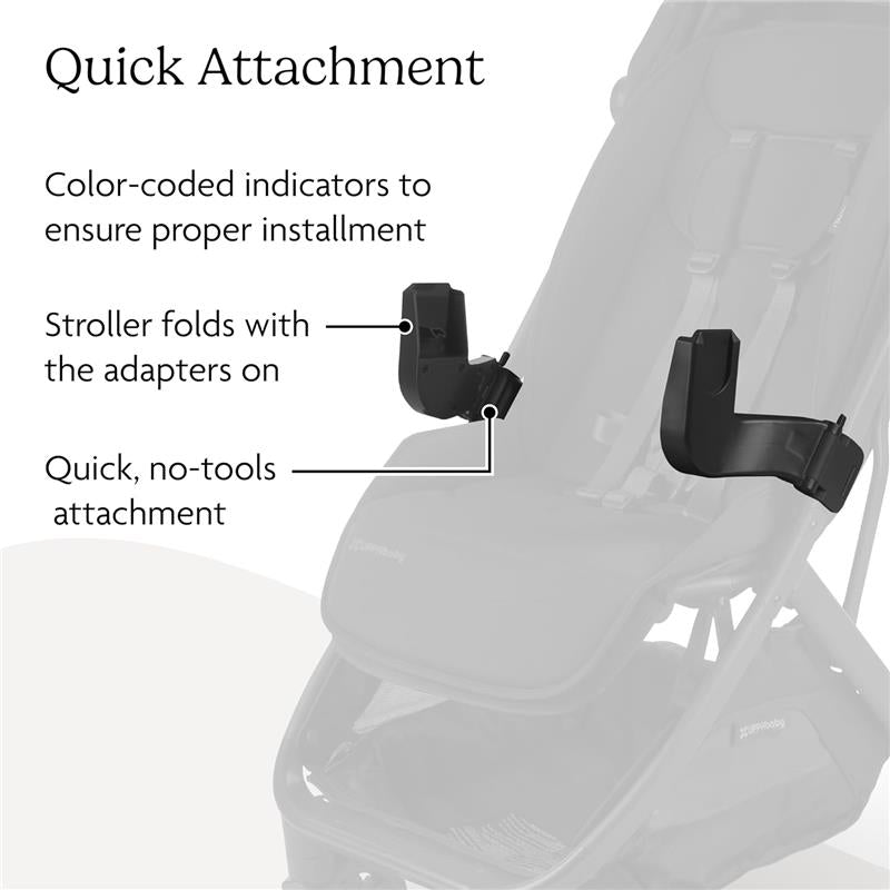 Car seat adapters for Uppababy Minu V3, featuring quick no-tools attachment and color-coded indicators for installation.