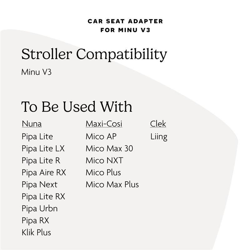 Car seat adapter compatibility guide for Uppababy Minu V3, featuring compatible car seat brands and models.