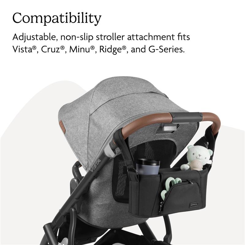 UPPAbaby Carry-All Parent Organizer in charcoal, featuring a stroller attachment with compartments for a cup, toys, and small items.