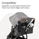UPPAbaby Carry-All Parent Organizer in charcoal, featuring a stroller attachment with compartments for a cup, toys, and small items.