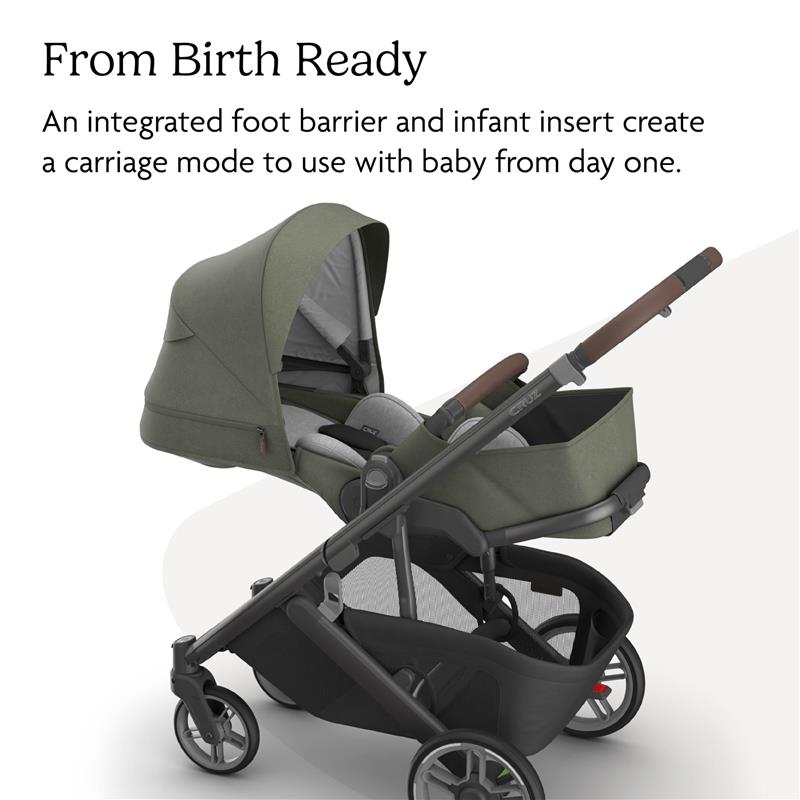 Uppababy Cruz V3 stroller in Meadow Green and Graphite Frame with Chestnut Leather details, featuring an infant carriage mode.