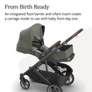 Uppababy Cruz V3 stroller in Meadow Green and Graphite Frame with Chestnut Leather details, featuring an infant carriage mode.