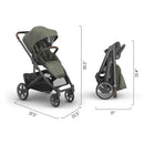 Uppababy Cruz V3 stroller in Meadow Green with graphite frame and chestnut leather accents, shown in both standing and folded positions.