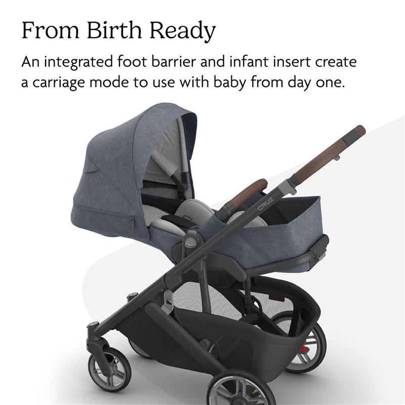 Uppababy Cruz V3 stroller in Dusty Blue Mélange with carbon frame and chestnut leather, featuring a carriage mode for infants.