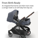 Uppababy Cruz V3 stroller in Dusty Blue Mélange with carbon frame and chestnut leather, featuring a carriage mode for infants.