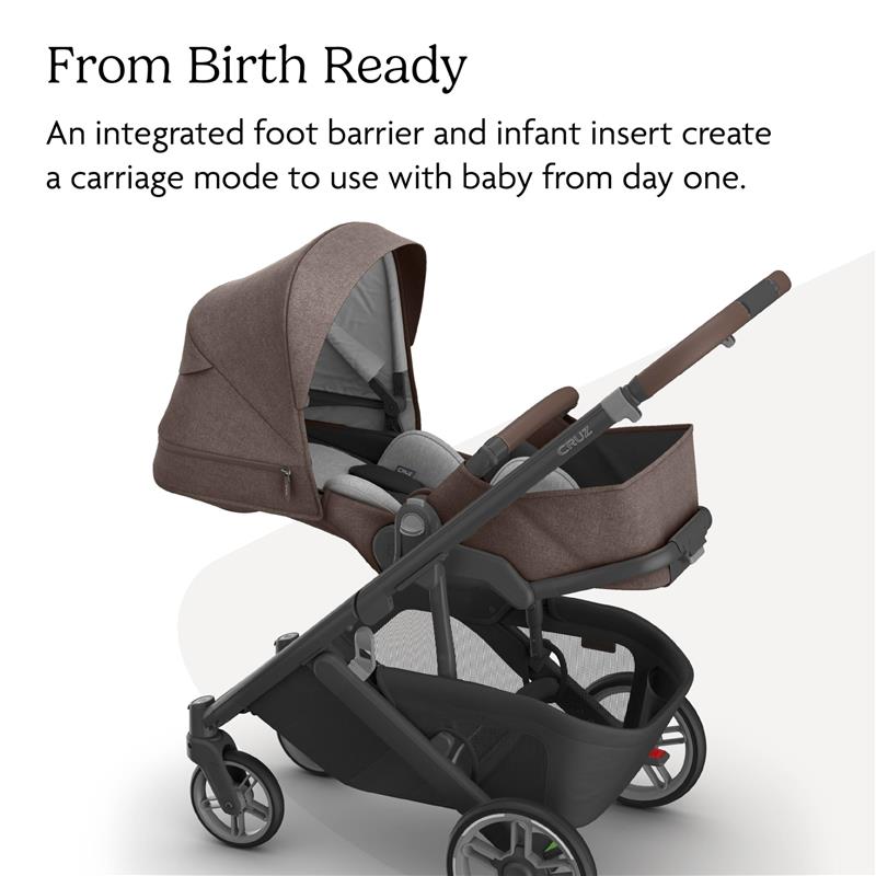 Uppababy Cruz V3 stroller in Mocha Mélange with carbon frame and chestnut leather accents; includes an integrated foot barrier and infant insert.