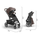Uppababy Cruz V3 stroller in Owen color, featuring a mocha mélange fabric, carbon frame, and chestnut leather accents, shown in two views with dimensions.
