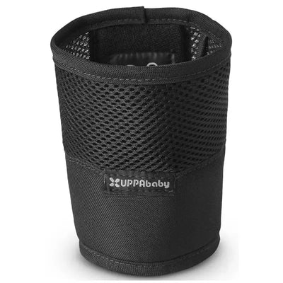 Black mesh cup holder for Uppababy Ridge stroller, featuring a sturdy fabric base and an embossed logo.