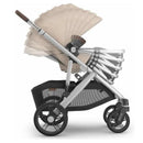 Uppababy Declan Vista V3 stroller with adjustable seat and canopy, showcasing a sleek silver frame and large wheels.