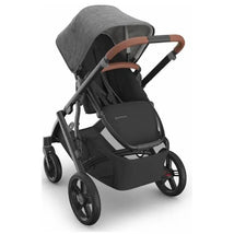 Greyson Vista V3 Stroller featuring a grey canopy, brown handle, and black seat with storage basket underneath.