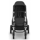 Uppababy Jake Vista V3 stroller in black, featuring a spacious seat, harness, and sturdy wheels, designed for infants and toddlers.
