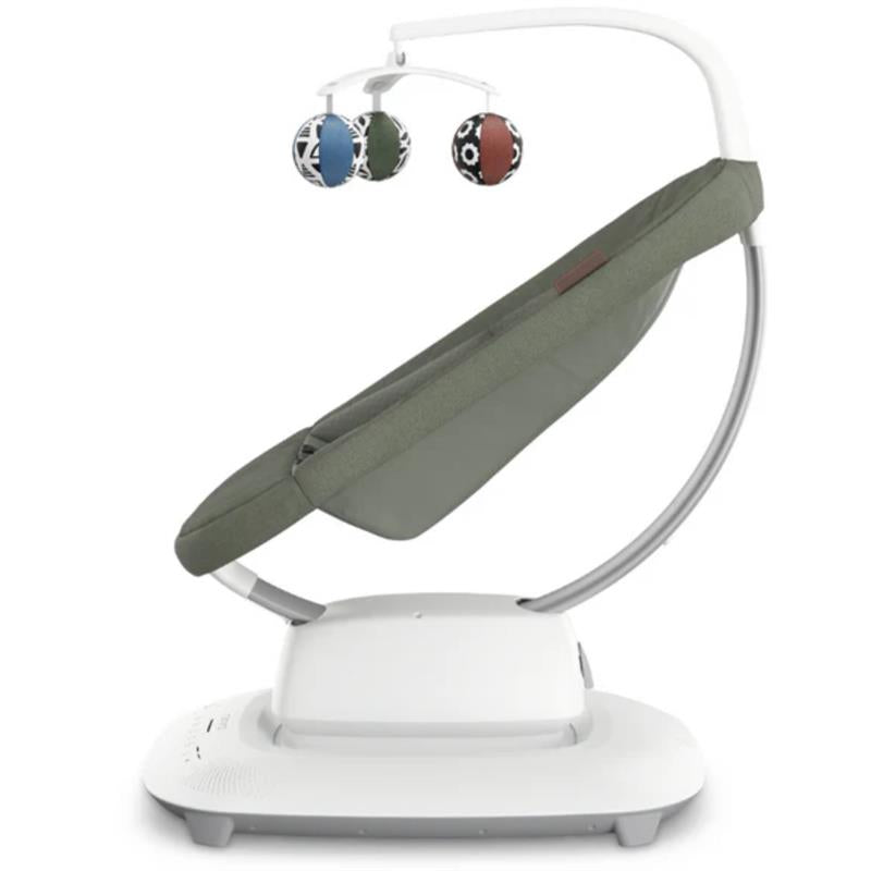 Uppababy Mamaroo Smart Swing in Dark Green Mélange with three hanging toys, designed for soothing infants.
