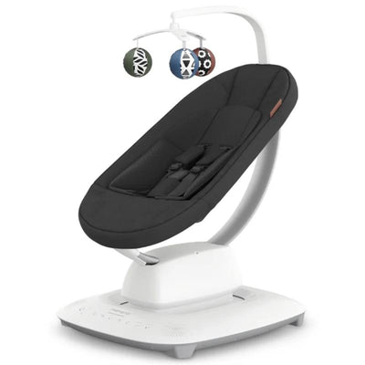 Uppababy Mamaroo Smart Swing in charcoal mélange features a curved design, adjustable seat, and hanging toys.
