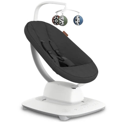 Uppababy Mamaroo Smart Swing in charcoal mélange, featuring a black seat with straps and a mobile above.