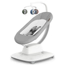 Uppababy Mamaroo Smart Swing in Grey Mélange, featuring a plush seat with harness and mobile with hanging toys.