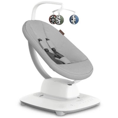 Uppababy Mamaroo Smart Swing in Grey Mélange with adjustable seat, safety harness, and mobile with hanging toys.