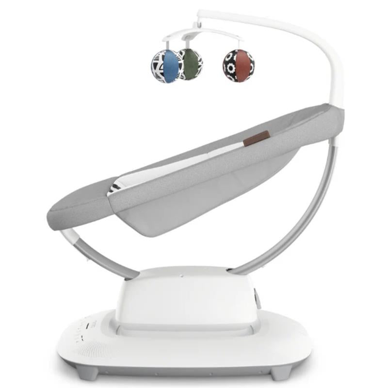 Uppababy Mamaroo Smart Swing in Grey Mélange, featuring a sleek design with colorful hanging toys.