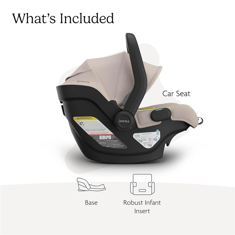 UPPAbaby Mesa V3 Infant Car Seat in Ada, featuring a beige canopy and black base, with included base and robust infant insert.