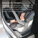UPPAbaby Mesa V3 infant car seat installed in a vehicle, featuring a smiling baby secured in the seat.
