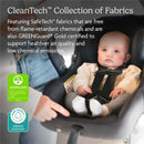 UPPAbaby Mesa V3 infant car seat featuring a baby in a cozy outfit, highlighting SafeTech™ fabrics and safety certifications.