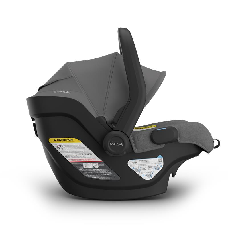 Uppababy Mesa V3 infant car seat in Greyson (Charcoal Mélange); features safety labels and a smooth ergonomic design.