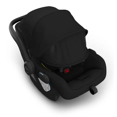 Uppababy Mesa V3 Infant Car Seat in black, featuring a canopy, safety harness, and base attachment.