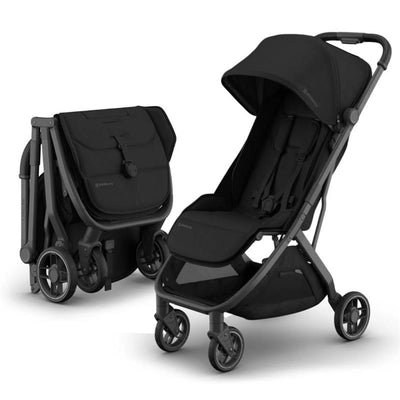 Uppababy Minu V3 Compact Stroller in black with carbon frame and black leather accents, shown in both folded and unfolded positions.