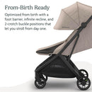 Uppababy Minu V3 stroller in Sandstone Melange with Chestnut Leather features, including a foot barrier and infinite recline.