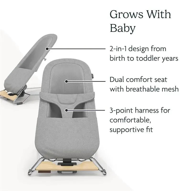 2-in-1 Uppababy Mira bouncer and seat features a gray mesh dual comfort seat, silver frame, and birch wood base.