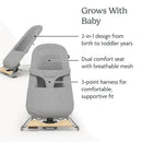 2-in-1 Uppababy Mira bouncer and seat features a gray mesh dual comfort seat, silver frame, and birch wood base.