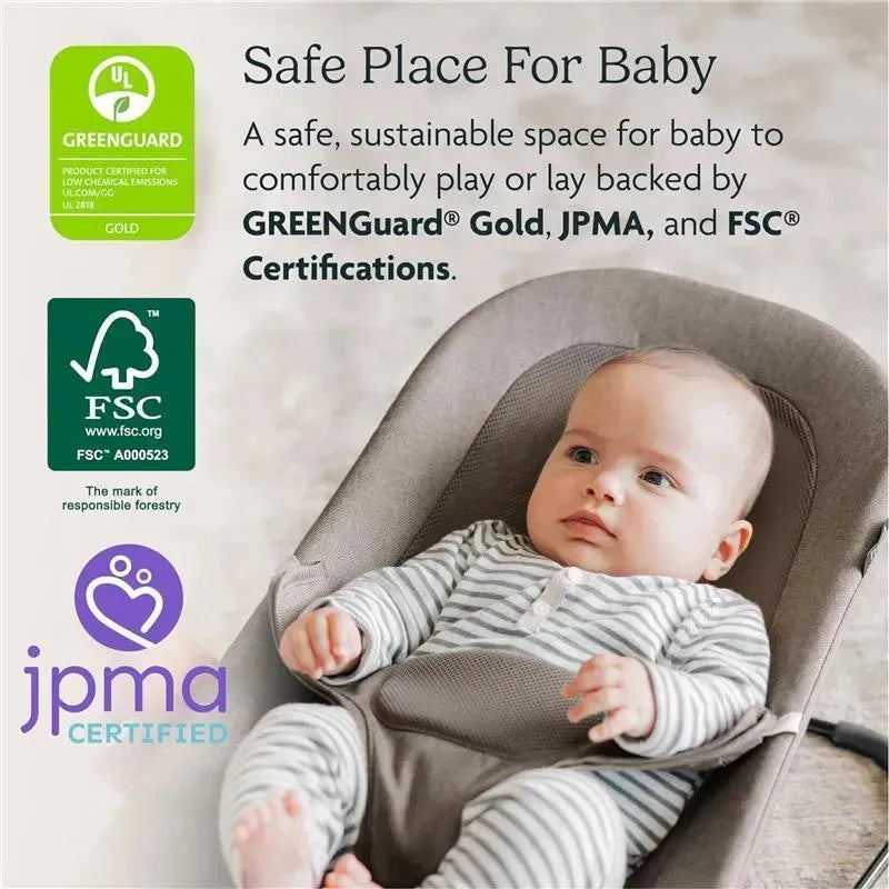 Uppababy Mira 2-in-1 bouncer with a baby comfortably seated, featuring safety certifications for low chemical emissions.