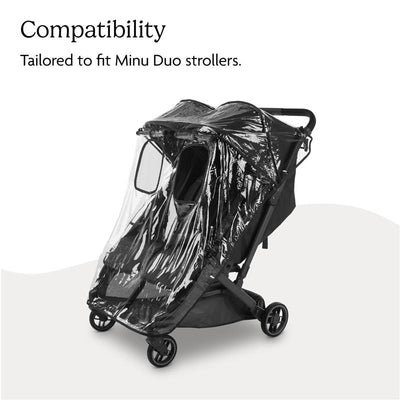 Rain shield for Uppababy Minu Duo stroller, featuring a transparent design for weather protection and compatibility details.
