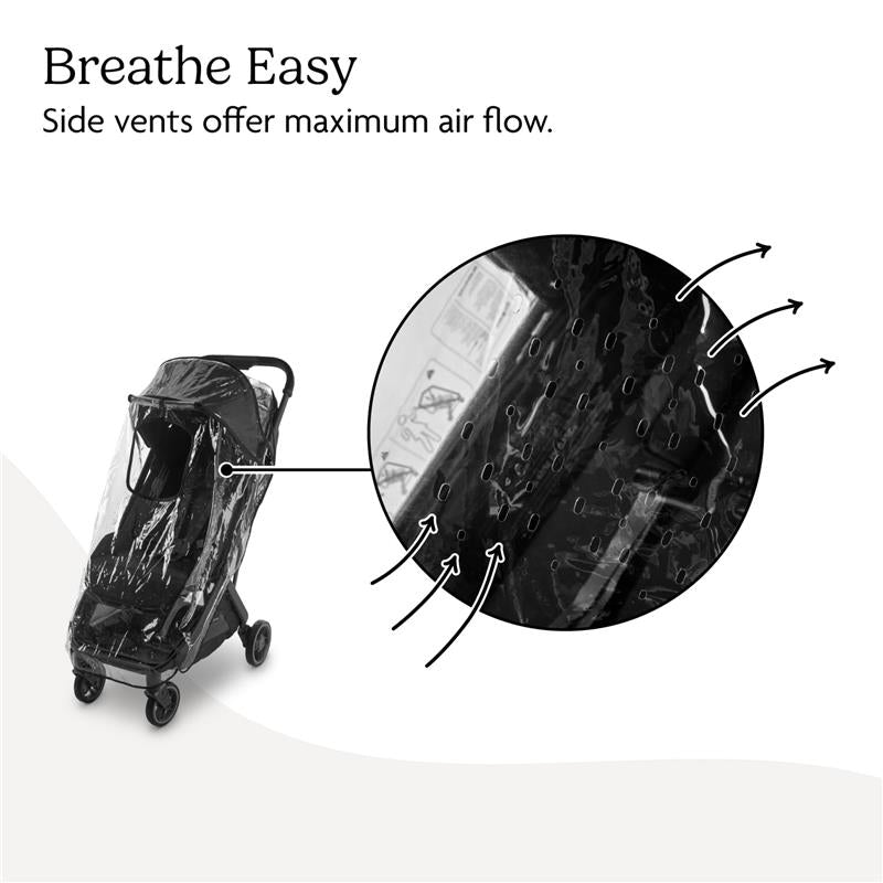 Rain shield for Uppababy Minu V3 stroller, featuring clear material and side vents for airflow.