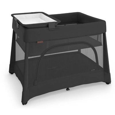 UPPAbaby Remi V2 Playard in Mason Black Soft Knit, featuring a spacious sleeping area with mesh sides and a removable changing table.