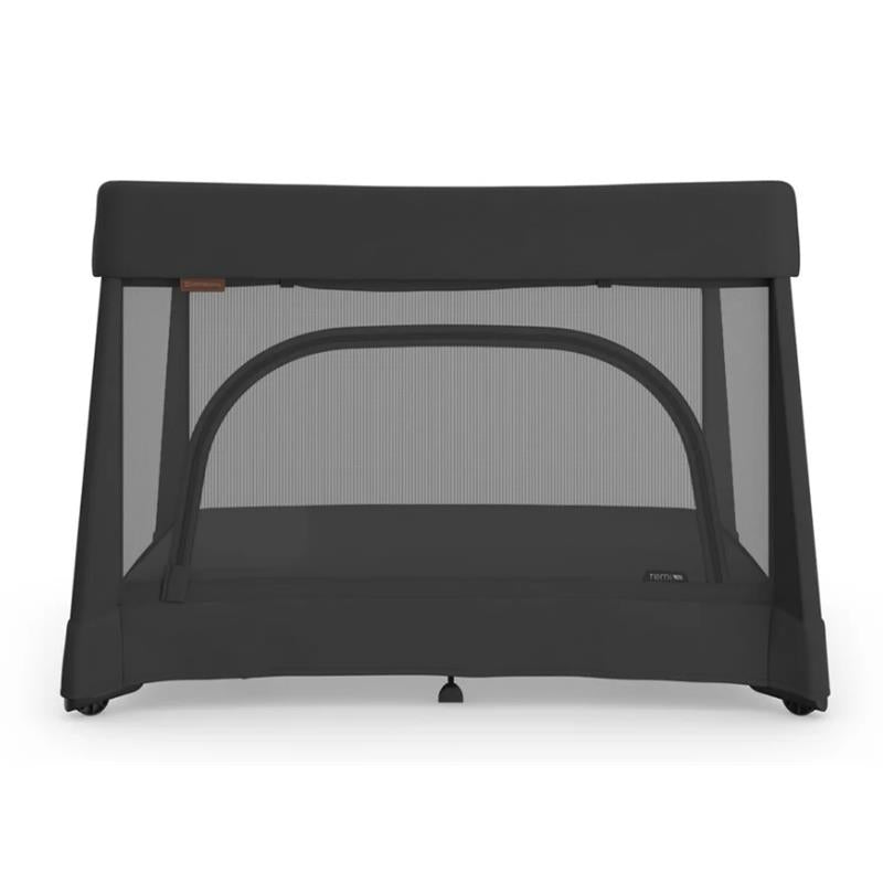 UPPAbaby Remi V2 Playard in Mason Black Soft Knit, featuring a mesh fabric design and rounded edges for safety.