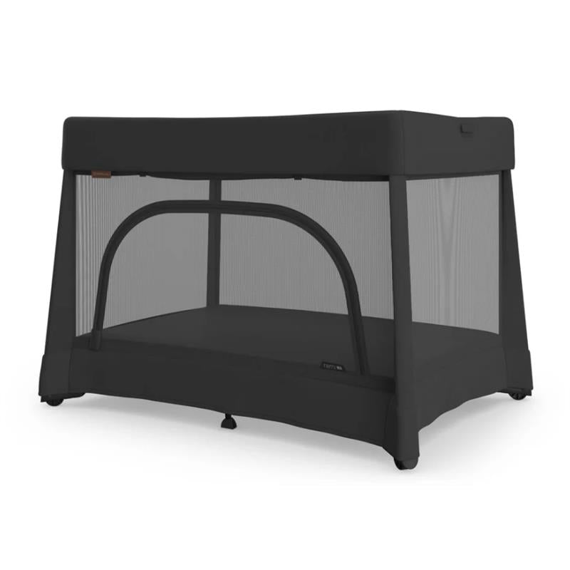 UPPAbaby Remi V2 Playard in Mason Black Soft Knit, featuring a sturdy frame and mesh sides for visibility and ventilation.