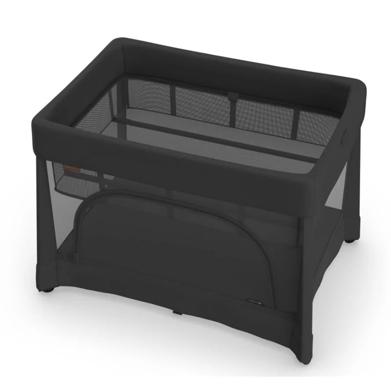 UPPAbaby Remi V2 Playard in Mason Black Soft Knit, featuring mesh sides and a solid black frame, designed for safe play.