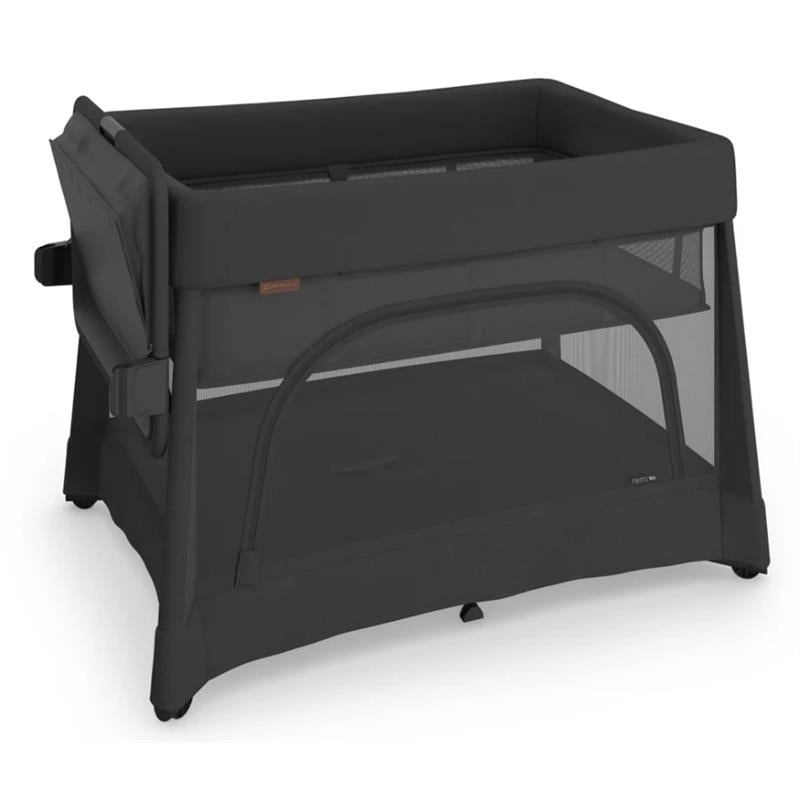 UPPAbaby Remi V2 Playard in Mason Black Soft Knit, featuring mesh sides and a foldable design for portability.