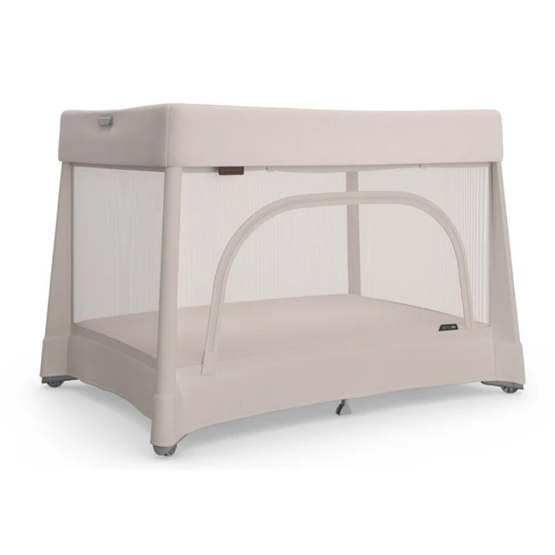 UPPAbaby Remi V2 Playard in Townsend Beige Soft Knit, featuring a soft fabric design and mesh sides for visibility and ventilation.