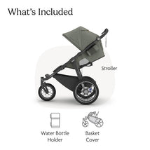 UPPAbaby Ridge V2 Jogging Stroller in Meadow Green with Carbon Frame, includes water bottle holder and basket cover.