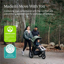 UPPAbaby Ridge V2 Jogging Stroller in Meadow Green, pushed by a woman jogging alongside a man, child seated inside.